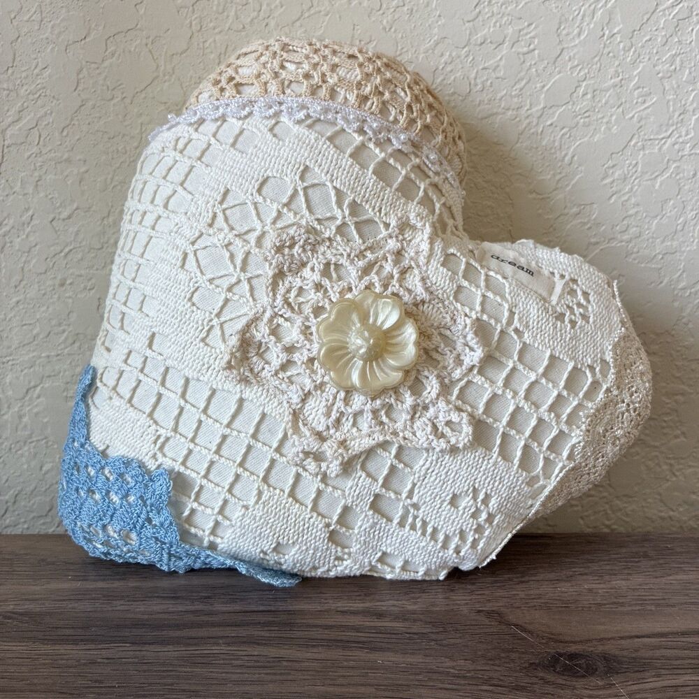 Handmade Heart Throw Pillow, Crochet Overlay, Button, Flower, Cream And White